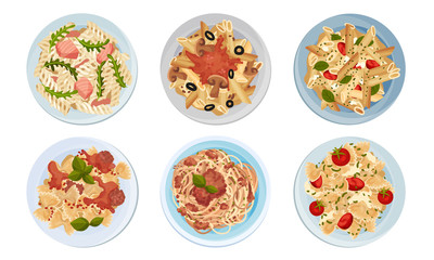 Different Pasta Served on Plate Top View Vector Set