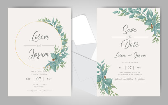 Editable wedding invitation card template with Greenery ornament