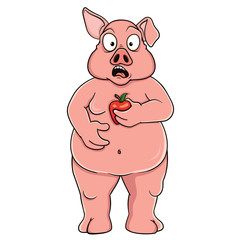 cartoon pig with apple.isolated on white background.vector stock illustration