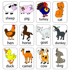 Painted colorful animals. Sheep, pig, turkey, cat, chicken, horse, goat, donkey, duck, camel, cow and dog.