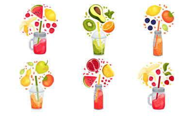Bright Sweet Smoothies in Jars with Straw Sticked out From it and Floating Around Ingredients Vector Set