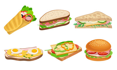 Subs and Sandwiches of Black and Wheaten Bread with Various Ingredients Vector Set