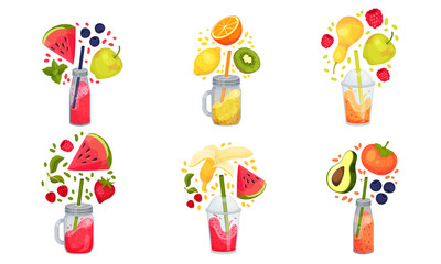 Bright Sweet Smoothies in Jars with Straw Sticked out From it and Floating Around Ingredients Vector Set