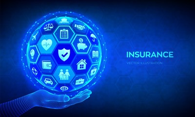 Insurance Services Concept. Car, travel, family, real estate, education, intellectual property, financial and health insurance. Abstract 3D sphere or globe with icons in hand. Vector illustration.