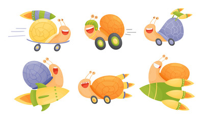 Fast Snails Vector Set. Funny Cartoon Mollusk Characters with Turbo Rocket Boosters