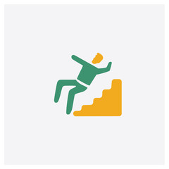 Falling from stairs concept 2 colored icon. Isolated orange and green Falling from stairs vector symbol design. Can be used for web and mobile UI/UX