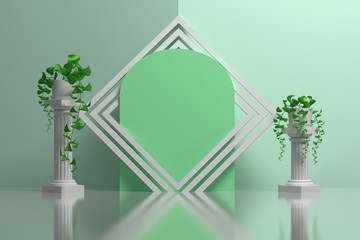 Abstract composition with green panel, rotated square frames, greek columns and potted plants. 3d illustration.