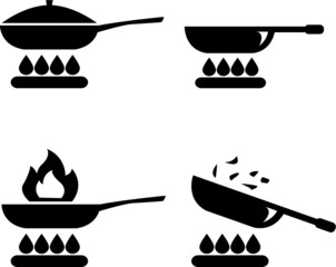 Frying pan or skillet and wok on stove cooking vector icon set