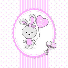 Baby girl shower card. Cute rabbit with heart shaped balloon