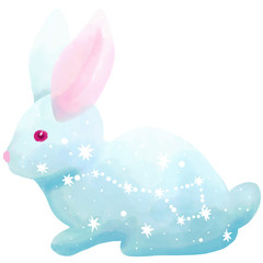 Digital watercolor galaxy cute rabbit in pink and blue colors with stars constellations. Girly kids design