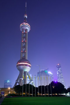 Pudong, Shanghai, China - Oriental Pearl Tower and city skyline in Pudong.