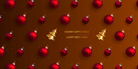 Christmas background with realistic Red Christmas balls and Abstract Gold Christmas Trees.  Red Holiday's Background. Flat lay, top view. 
