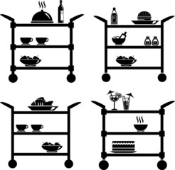 restaurant cart, service cart, meal service vector icon set with food and drinks and fruit isolated on white background