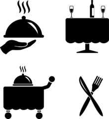Restaurant and hotel diner vector icon set, hand with food cloche, table with drinks, service cart and knife and fork icons