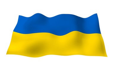 The flag of Ukraine on a white background. National flag and state ensign. Blue and yellow bicolour. 3D illustration waving flag