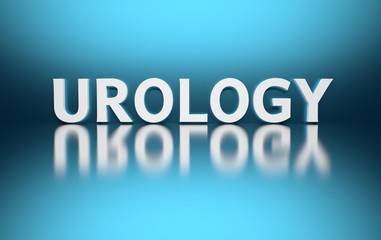 Medicla term UROLOGY written in bold white letters on blue background. 3d illustration.