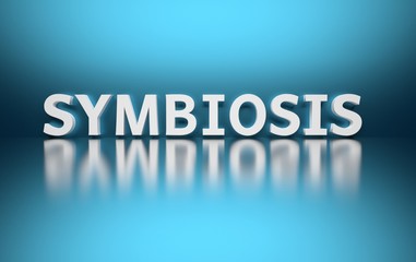 Bold white scientific term Symbiosis on blue backgound. 3d illustration.