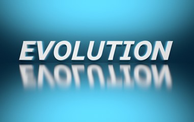 Word Evolution written in bold white italic letters on blue background over reflective surface. 3d illustration.