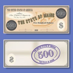 Fictional $ 500 dedicated to the state of Maine. Guilloche patterns in orange. Purple seal EPS10