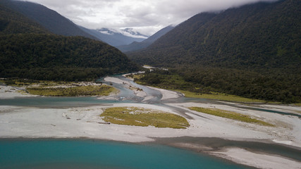 Aerial view of delta of Haast river, Haast pass, New Zealand. Drone photo