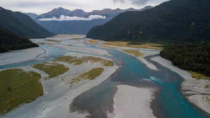 Aerial view of delta of Haast river, Haast pass, New Zealand. Drone photo