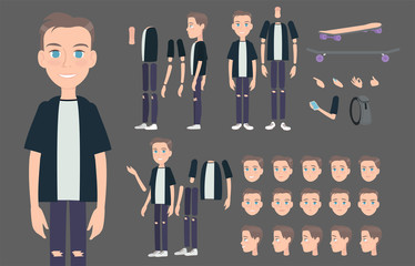 Creative set with different poses, gestures, emotions. Body parts of a young funny flat style character.
Animated character of teenager or student in modern outfit. 