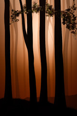 Fantasy Woodland illustration, with orange sunlight glow through silhouetted trees