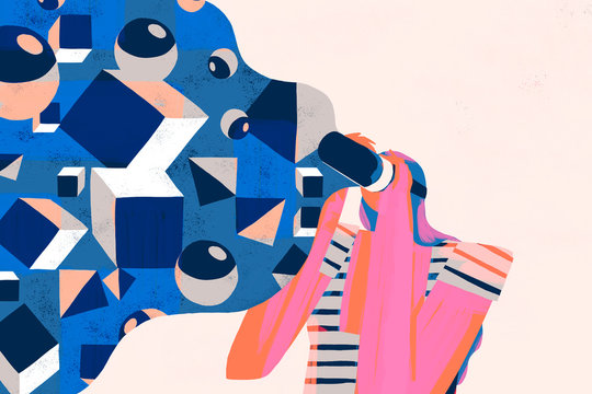 Virtual reality device technology. User use a VR headset experiencing 3d environment content. Creative colorful concept illustration.