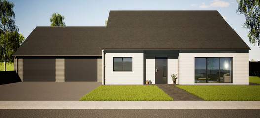 maison avec double garage et toiture ardoise bardage bois vue 3d