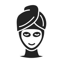 Fototapeta na wymiar Skin care black glyph icon. Woman with facial mask sign. SPA, Cosmetic procedures. Pictogram for web page, mobile app, promo. UI UX GUI design element.
