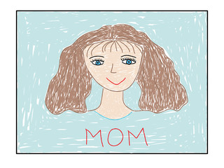 Painted children drawing, portrait of mother. Vector illustration