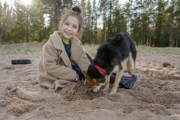 Naklejka na ściany i meble little girl plays with her dog on a sandy beach near the lake