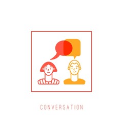 Outline Man and woman speaking. Conversation, Compromise concept. Abstract dialogue. Layered Speech Bubbles. Colored trendy Vector isolated Illustration. Simple, minimal design. Logo, icon template 
