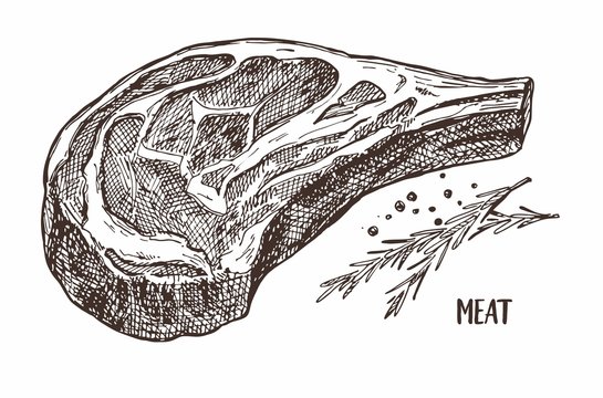 Vector image of a piece of meat. Farm products. Organic food Decorations for the menu of cafes and shop windows.
