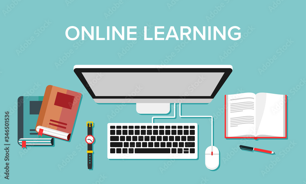 Wall mural illustration of online learning activities using computer media and the internet. suitable for visua
