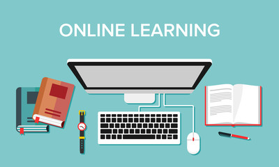 Illustration of online learning activities using computer media and the internet. Suitable for visualization of online learning activities at home, educational web pages, and learning sites.