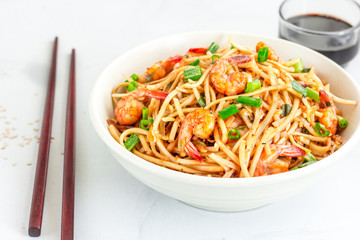 A Bowl of Udon Noodles with Shrimp, Soy Sauce, Green Onion, Popular Japanese Food, Asian Food Photography