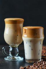 Dalgona coffee trend ice drink
cappuccino or latte fluffy creamy whipped
Menu concept healthy eating. food background top view copy space for text