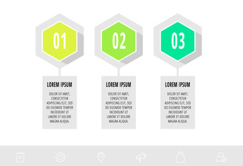 Hexagon infographic design template with 3 options and icons. Vector business concept. Can be used for diagram, web, banner, workflow layout, presentations, flow chart, info graph, content.