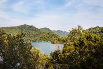 National Park on the island Mljet, Croatia. Mediterranean coast with greenery, pinetrees in the nature creating a serene calm mindful scene. Small lake turquoise bright colored saltwater lakes