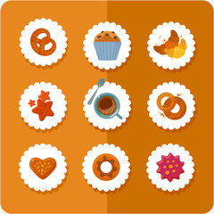Set of cakes icons Include of  bagel, croissant, cake, donut and a cup of coffee.