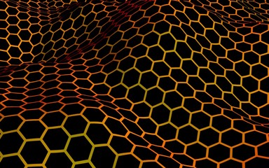 Honeycomb wave effect on a red yellow background. Perspective view on polygon look like honeycomb. Isometric geometry. 3D illustration