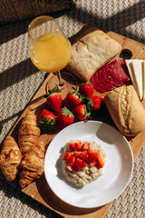 Food Breakfast croissants juice strawberries baguette porridge