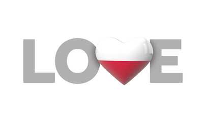 Love Poland heart shaped flag with love word. 3D Rendering