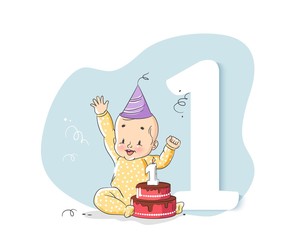 Cute Little Baby Boy Celebrating His First Birthday. Vector illustration
