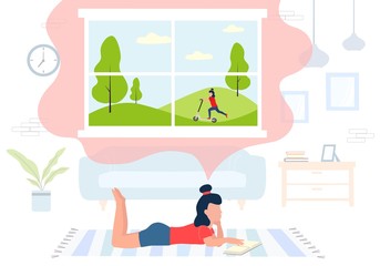 The girl reads books and dreams of walking on the street, riding a scooter. Living room with sofa, carpet, lamps, plant and clock. Flat vector illustration