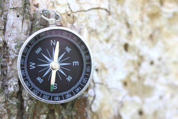 Old compass on natural wooden background