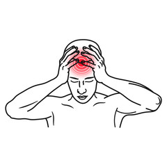 Man suffers from headache, migraine. Person squeezes his head in hands. Red spot pain location.