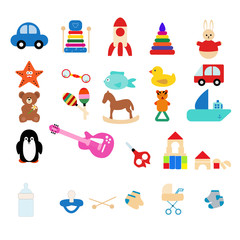 Toddler toys vector. Pyramid, guitar, typewriter, bear, stroller, socks, scissors, rattle, duck, horse, baracas, ship, pacifier, bottle. For the design of children's books, business cards, flyers.