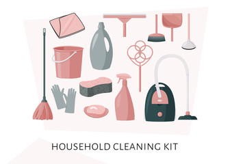 Colorful collection of cleaning products. Home cleaning tools. Vector set of illustrations in flat design style.